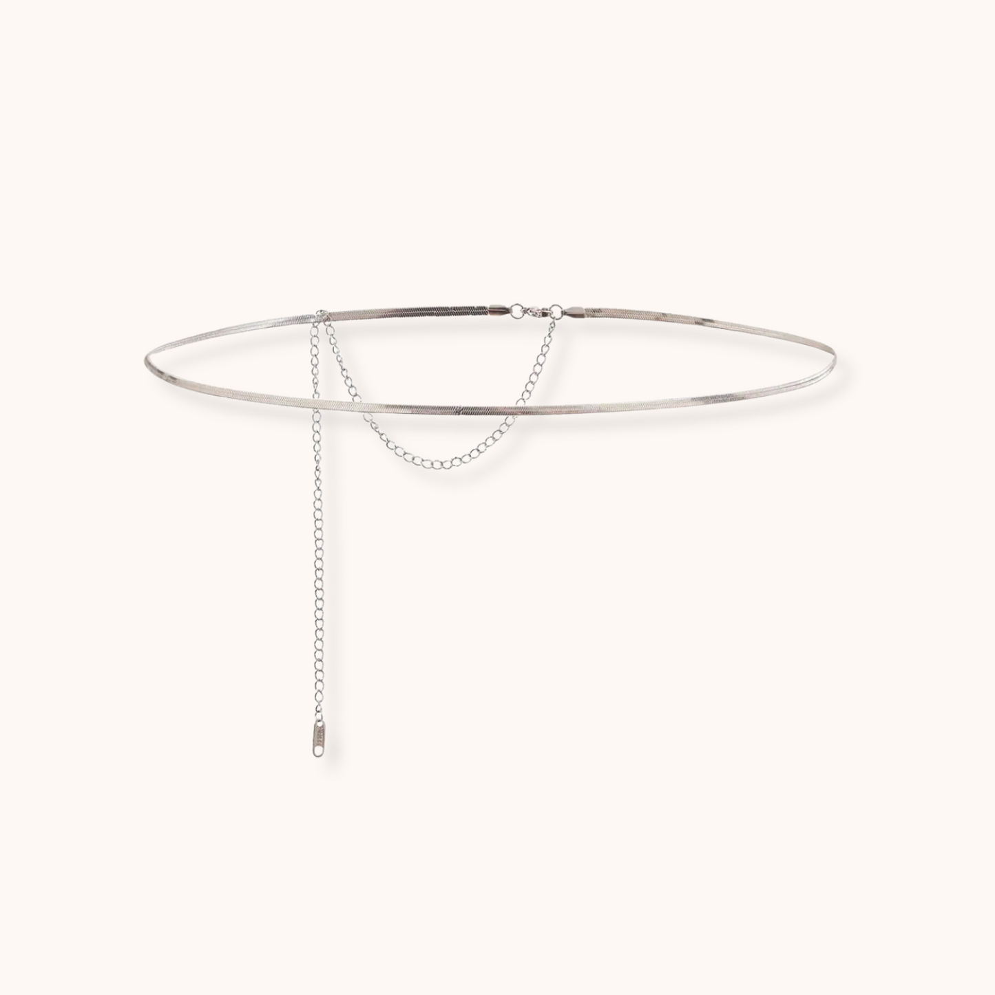 Minimalist silver-tone waist chain with extension and drop detail, shown on a white background with dimensions.