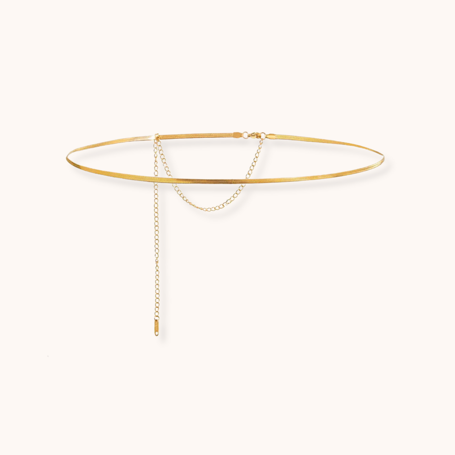 Minimalist gold-tone waist chain with fine drop chain detailing and adjustable clasp, displayed on a white background with dimensions.