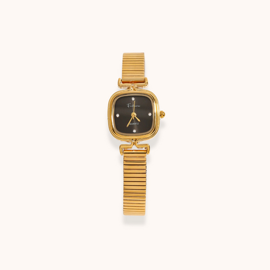Black dial Vera Watch with gold stretch strap on display