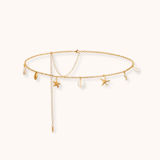 Gold waist chain with star and pearl charms, adjustable length, waterproof stainless steel.