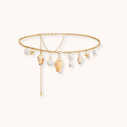 Gold-plated waist chain with natural seashell and pearl charms displayed on a white background with sizing details.
