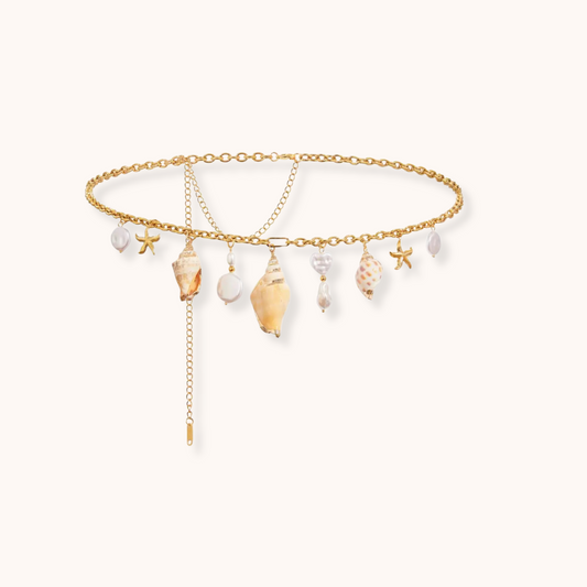 Gold-plated waist chain with natural seashell and pearl charms displayed on a white background with sizing details.