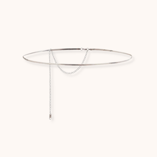 Minimalist silver-tone waist chain with extension and drop detail, shown on a white background with dimensions.