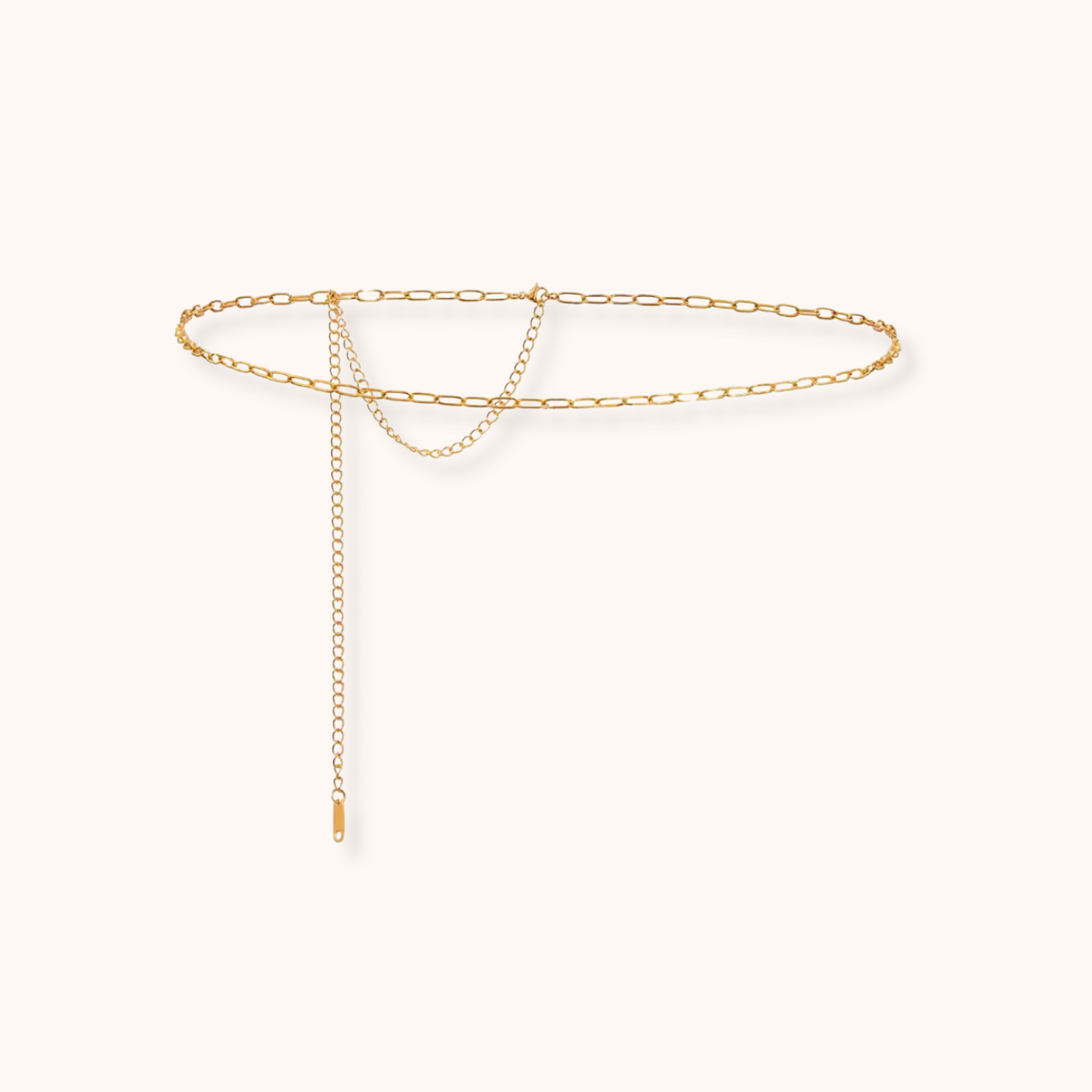 Gold minimalist chain belt with adjustable clasp, stainless steel waterproof design. Ideal for layering over swimwear or dresses.