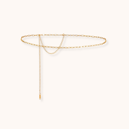 Gold minimalist chain belt with adjustable clasp, stainless steel waterproof design. Ideal for layering over swimwear or dresses.