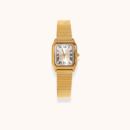 Elegant rectangular gold wristwatch with Roman numeral dial on white background – waterproof and hypoallergenic design
