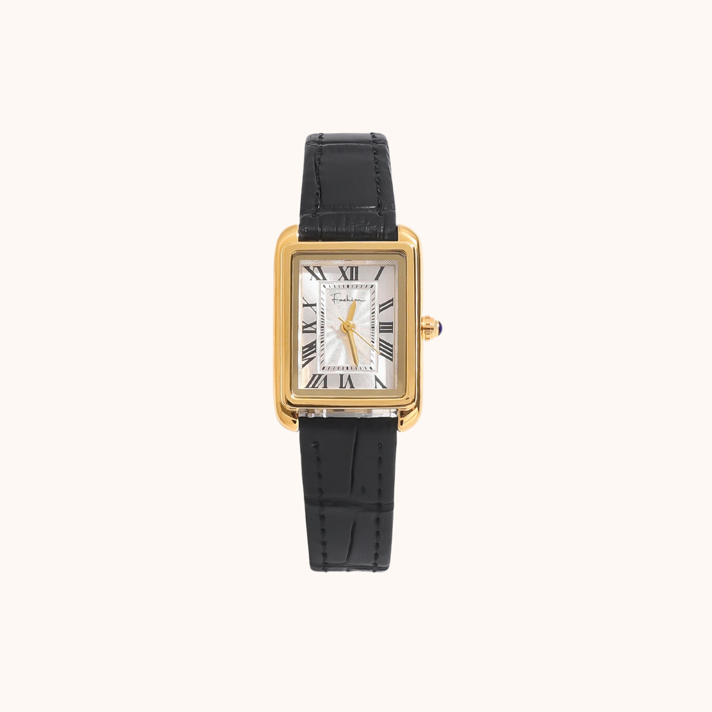 Black leather strap rectangle watch with gold stainless steel case and Roman numeral dial