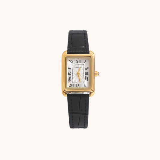 Black leather strap rectangle watch with gold stainless steel case and Roman numeral dial