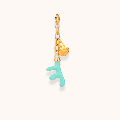 Aurelia Glamour Azure Reef gold and enamel charm with aqua coral and shell, displayed with stainless steel waterproof chain