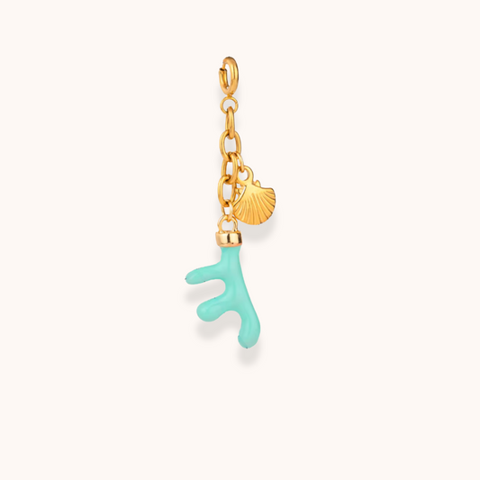 Aurelia Glamour Azure Reef gold and enamel charm with aqua coral and shell, displayed with stainless steel waterproof chain